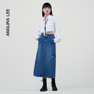 春夏經(jīng)典水洗中藍(lán)女裝牛仔高腰半裙